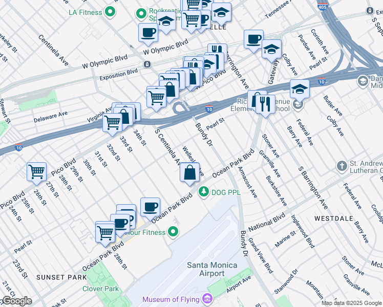 map of restaurants, bars, coffee shops, grocery stores, and more near 2534 Wellesley Avenue in Los Angeles
