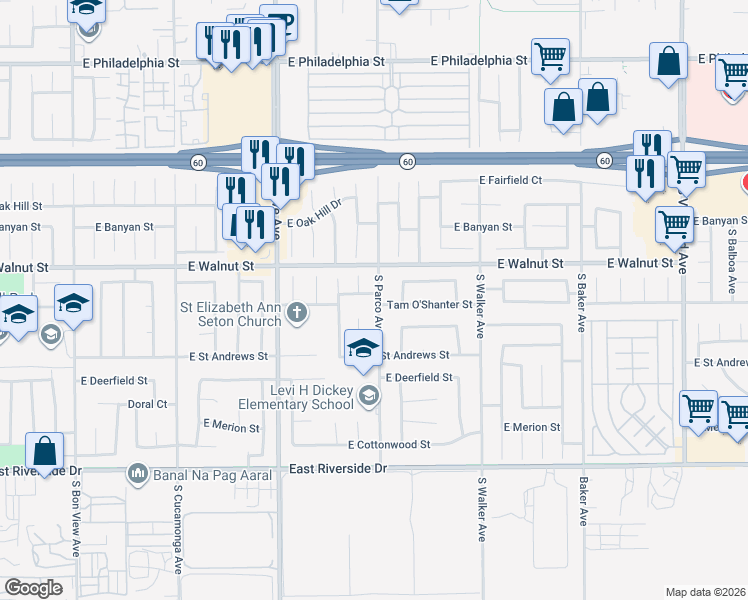 map of restaurants, bars, coffee shops, grocery stores, and more near 2636 South Parco Avenue in Ontario