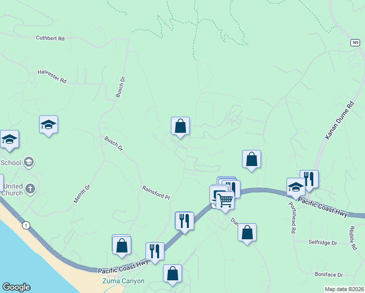 map of restaurants, bars, coffee shops, grocery stores, and more near 6009 Bonsall Drive in Malibu