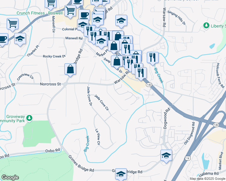 map of restaurants, bars, coffee shops, grocery stores, and more near 5035 Pattingham Drive in Roswell