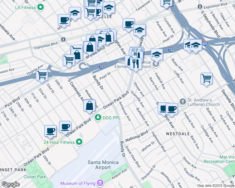 map of restaurants, bars, coffee shops, grocery stores, and more near 2590 Armacost Avenue in Los Angeles