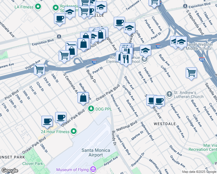 map of restaurants, bars, coffee shops, grocery stores, and more near 2590 Armacost Avenue in Los Angeles