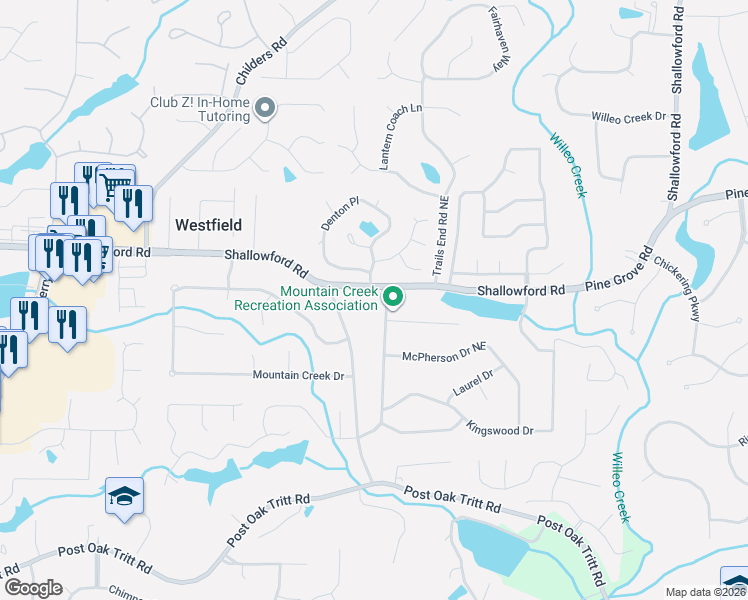 map of restaurants, bars, coffee shops, grocery stores, and more near 3080 Mountain Trace Northeast in Roswell