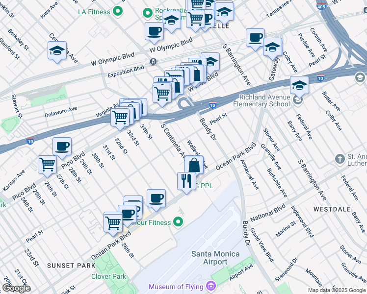 map of restaurants, bars, coffee shops, grocery stores, and more near 2496 South Centinela Avenue in Los Angeles