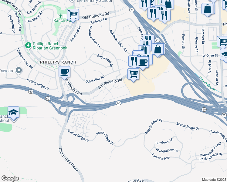 map of restaurants, bars, coffee shops, grocery stores, and more near 47 Town and Country Road in Pomona