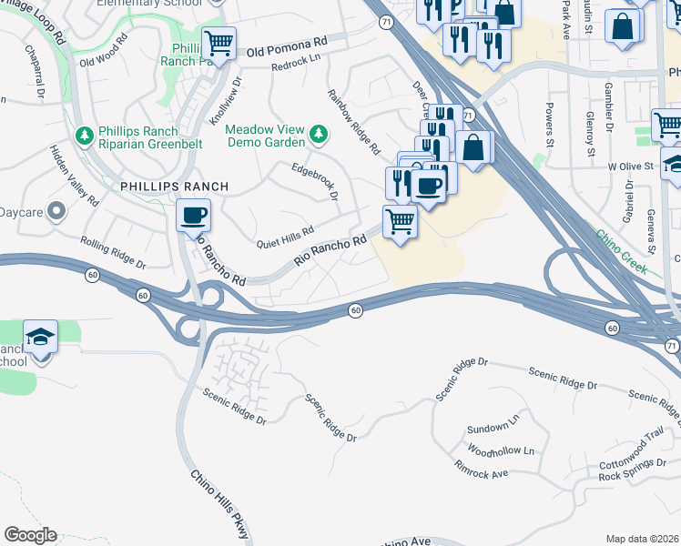 map of restaurants, bars, coffee shops, grocery stores, and more near in Pomona