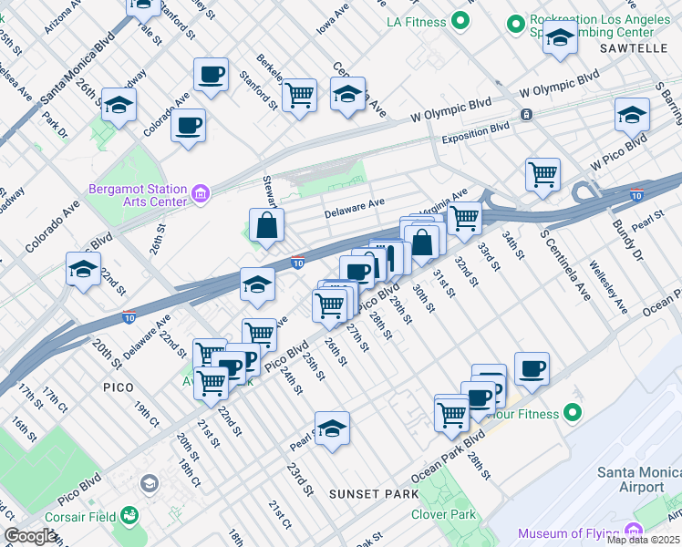 map of restaurants, bars, coffee shops, grocery stores, and more near 2904 Kansas Avenue in Santa Monica