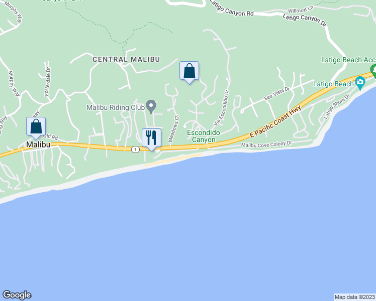 map of restaurants, bars, coffee shops, grocery stores, and more near 27234 Escondido Beach Road in Malibu