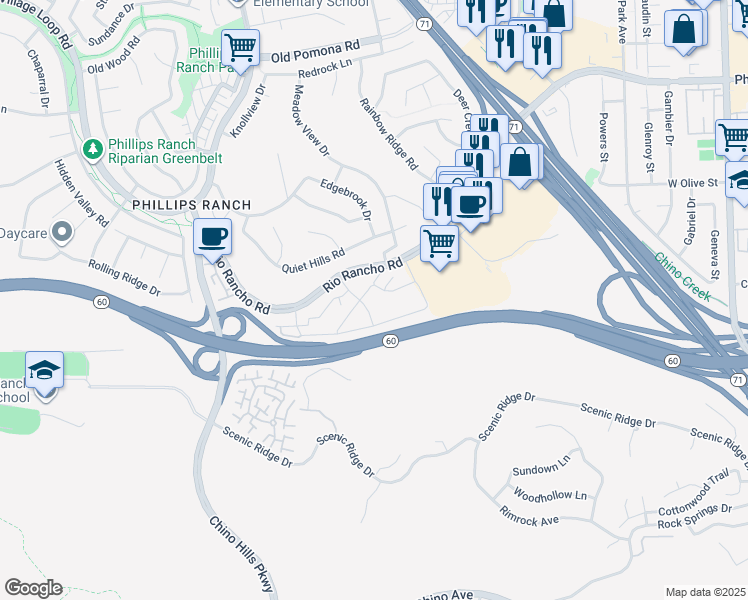 map of restaurants, bars, coffee shops, grocery stores, and more near 49 Town and Country Road in Pomona