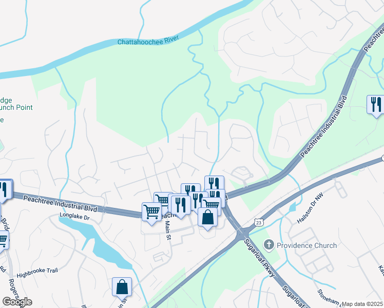 map of restaurants, bars, coffee shops, grocery stores, and more near 4250 Canterbury Walk Drive in Duluth