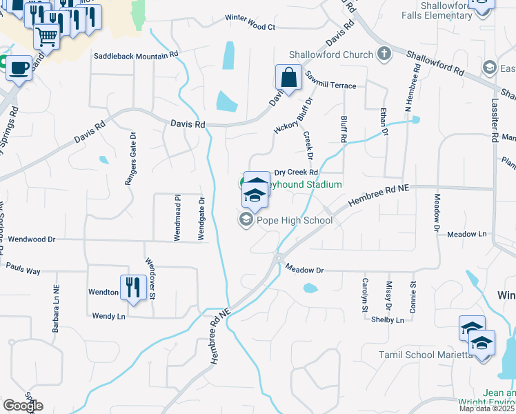 map of restaurants, bars, coffee shops, grocery stores, and more near 3001 Hembree Road Northeast in Marietta