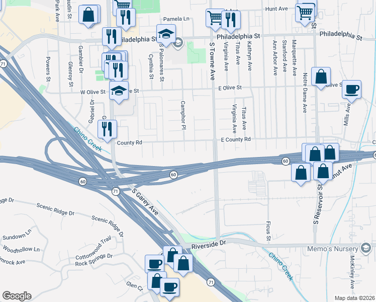 map of restaurants, bars, coffee shops, grocery stores, and more near 2506 Camphor Place in Pomona