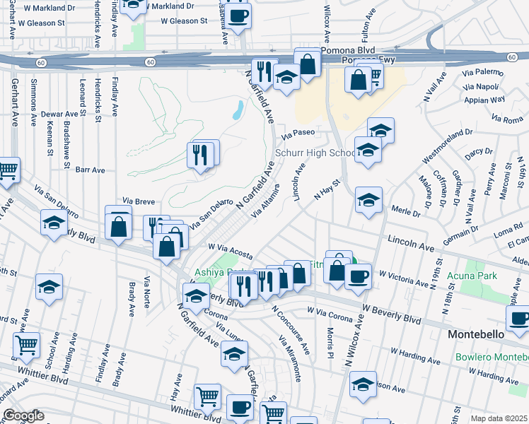map of restaurants, bars, coffee shops, grocery stores, and more near 716 North Garfield Avenue in Montebello