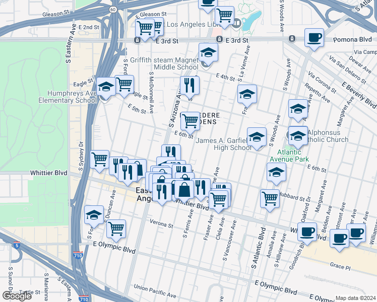 map of restaurants, bars, coffee shops, grocery stores, and more near 631 South Kern Avenue in East Los Angeles