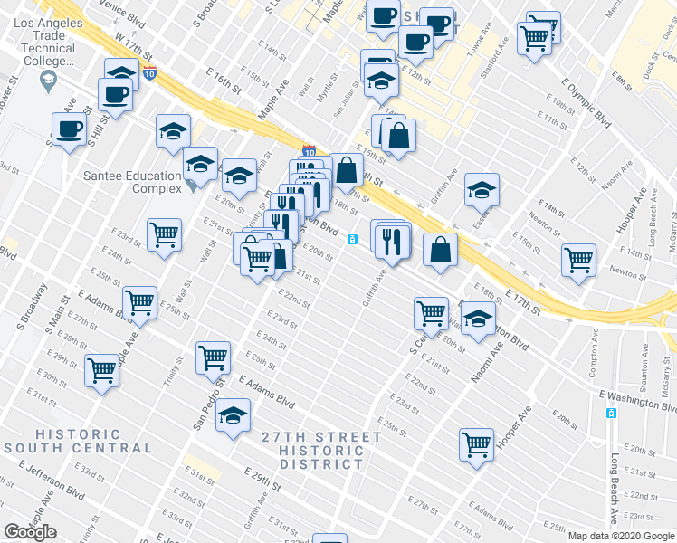 map of restaurants, bars, coffee shops, grocery stores, and more near 927 East 20th Street in Los Angeles