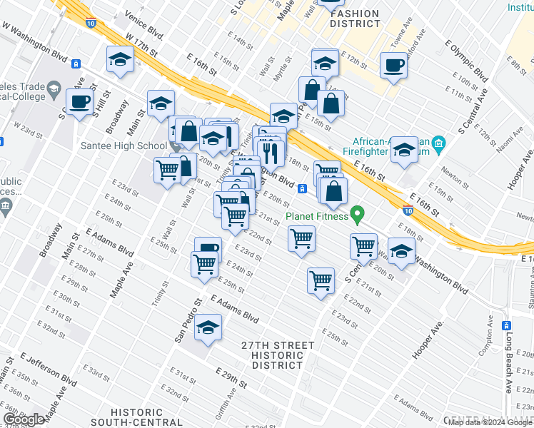 map of restaurants, bars, coffee shops, grocery stores, and more near 822 East 20th Street in Los Angeles