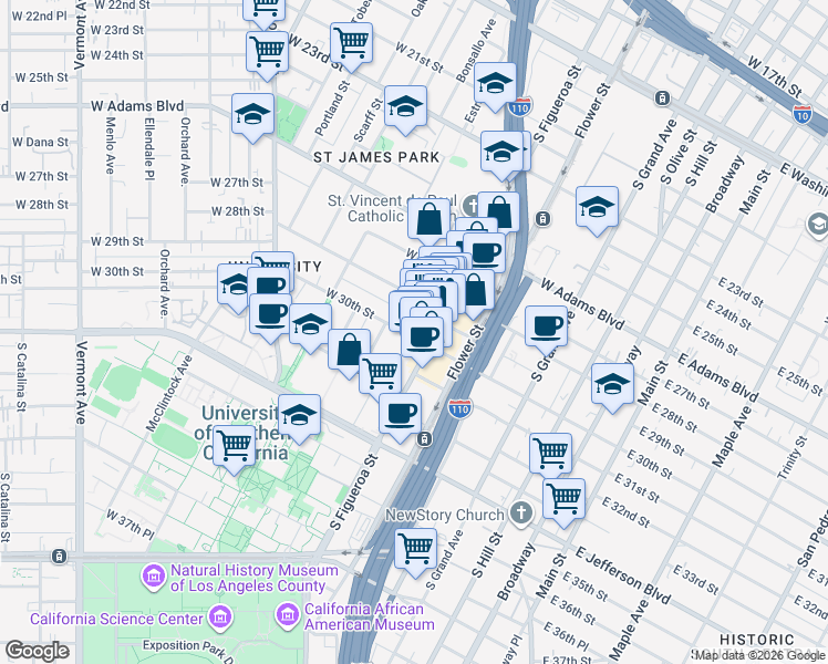 map of restaurants, bars, coffee shops, grocery stores, and more near 2811 South Figueroa Street in Los Angeles