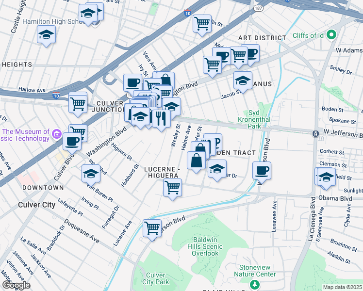 map of restaurants, bars, coffee shops, grocery stores, and more near 3548 Wesley Street in Culver City