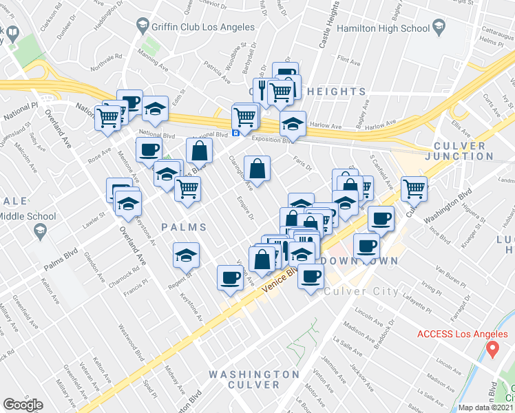 map of restaurants, bars, coffee shops, grocery stores, and more near 3642 Clarington Avenue in Los Angeles