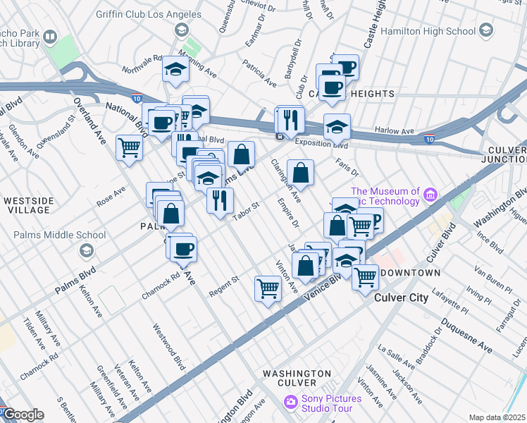 map of restaurants, bars, coffee shops, grocery stores, and more near 10203 Tabor Street in Los Angeles