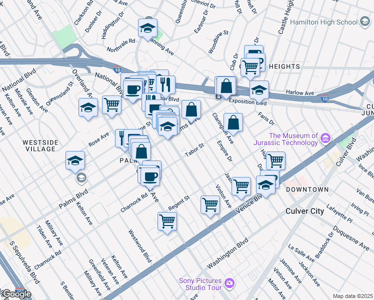 map of restaurants, bars, coffee shops, grocery stores, and more near 3569 Vinton Avenue in Los Angeles