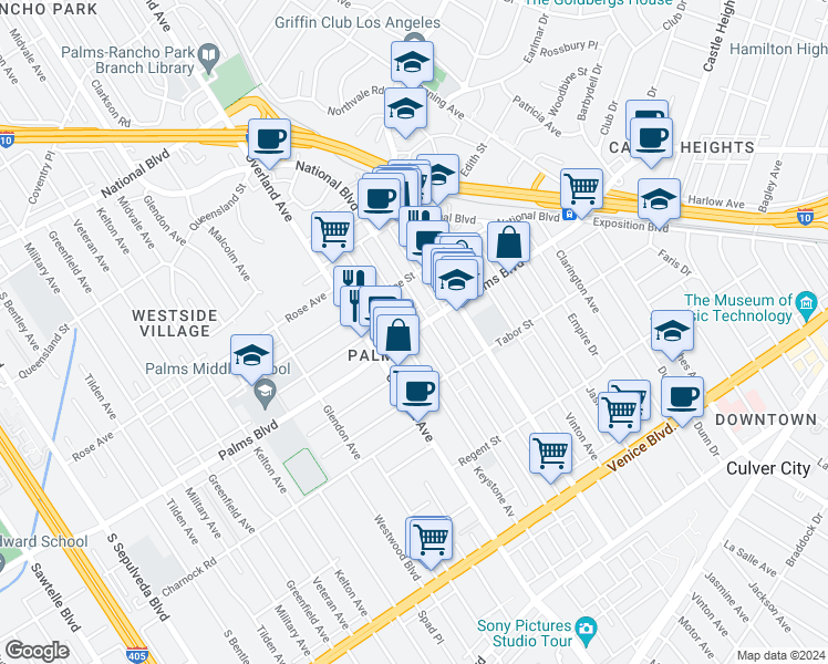 map of restaurants, bars, coffee shops, grocery stores, and more near 10509 Palms Boulevard in Los Angeles