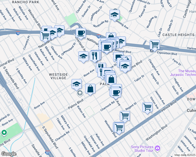 map of restaurants, bars, coffee shops, grocery stores, and more near 3385 Overland Avenue in Los Angeles