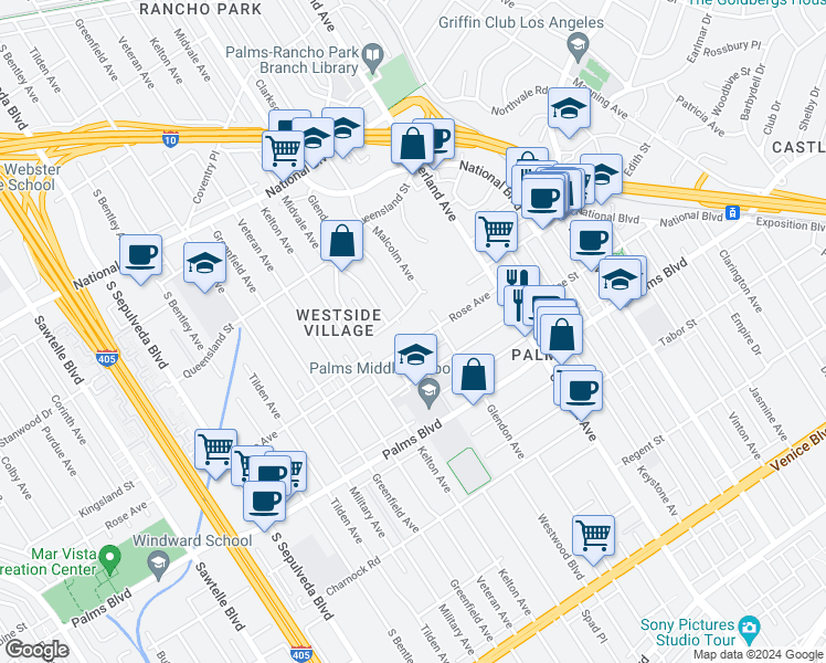 map of restaurants, bars, coffee shops, grocery stores, and more near 10777 Rose Avenue in Los Angeles