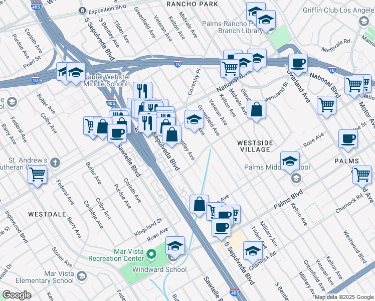 map of restaurants, bars, coffee shops, grocery stores, and more near 11020 Clover Avenue in Los Angeles