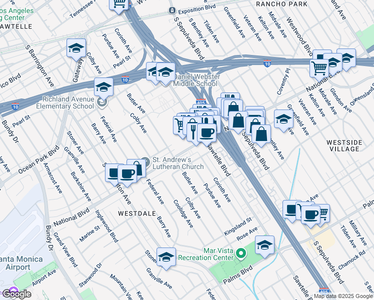 map of restaurants, bars, coffee shops, grocery stores, and more near 11341 National Boulevard in Los Angeles