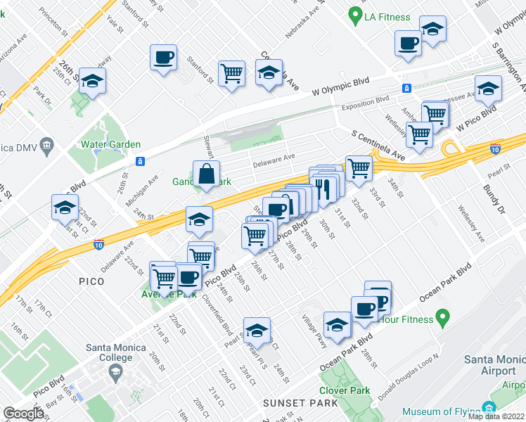 map of restaurants, bars, coffee shops, grocery stores, and more near 2904 Kansas Avenue in Santa Monica