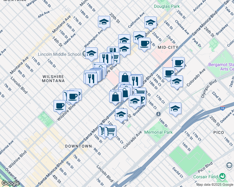 map of restaurants, bars, coffee shops, grocery stores, and more near in Santa Monica