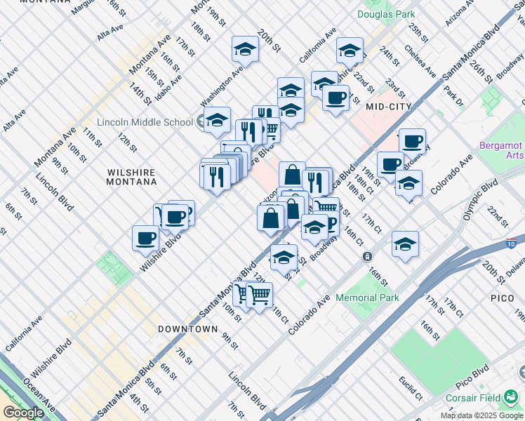 map of restaurants, bars, coffee shops, grocery stores, and more near in Santa Monica