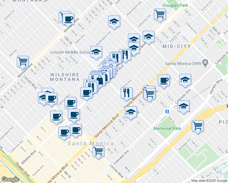 map of restaurants, bars, coffee shops, grocery stores, and more near 1234 14th Street in Santa Monica