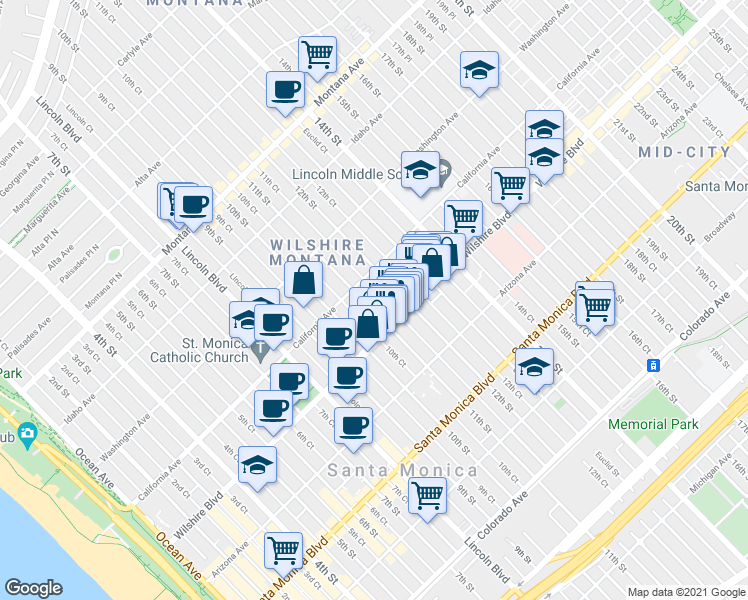 map of restaurants, bars, coffee shops, grocery stores, and more near 1122 California Avenue in Santa Monica