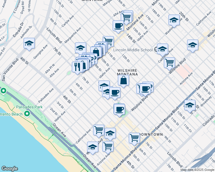 map of restaurants, bars, coffee shops, grocery stores, and more near 917 Lincoln Boulevard in Santa Monica