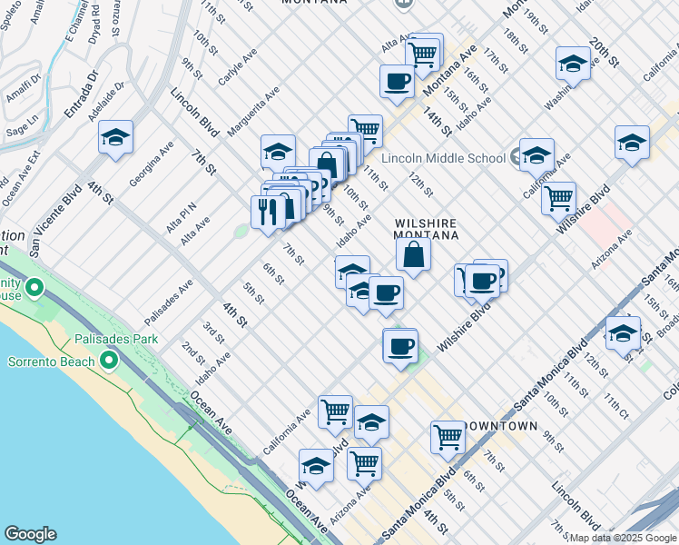 map of restaurants, bars, coffee shops, grocery stores, and more near 917 Lincoln Boulevard in Santa Monica