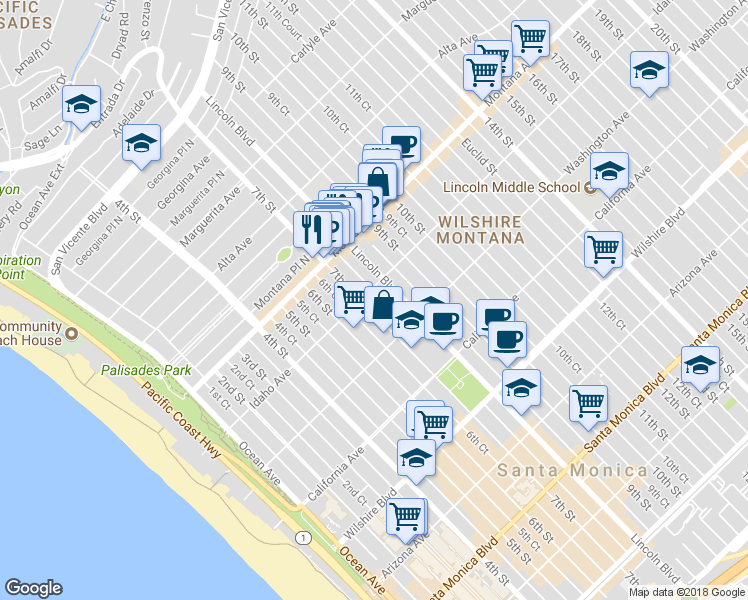 map of restaurants, bars, coffee shops, grocery stores, and more near in Santa Monica