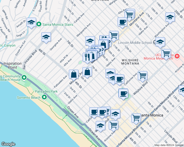 map of restaurants, bars, coffee shops, grocery stores, and more near 822 7th Street in Santa Monica
