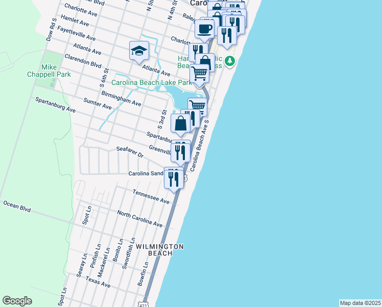 map of restaurants, bars, coffee shops, grocery stores, and more near 105 Spartanburg Avenue in Carolina Beach