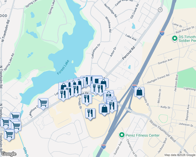 map of restaurants, bars, coffee shops, grocery stores, and more near 5526 Lakeshore Drive in Columbia