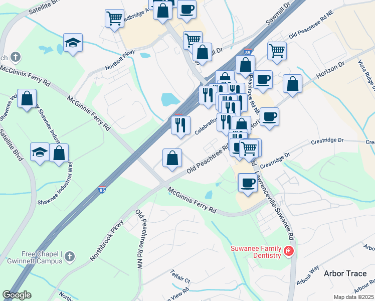 map of restaurants, bars, coffee shops, grocery stores, and more near 140 Celebration Drive in Suwanee