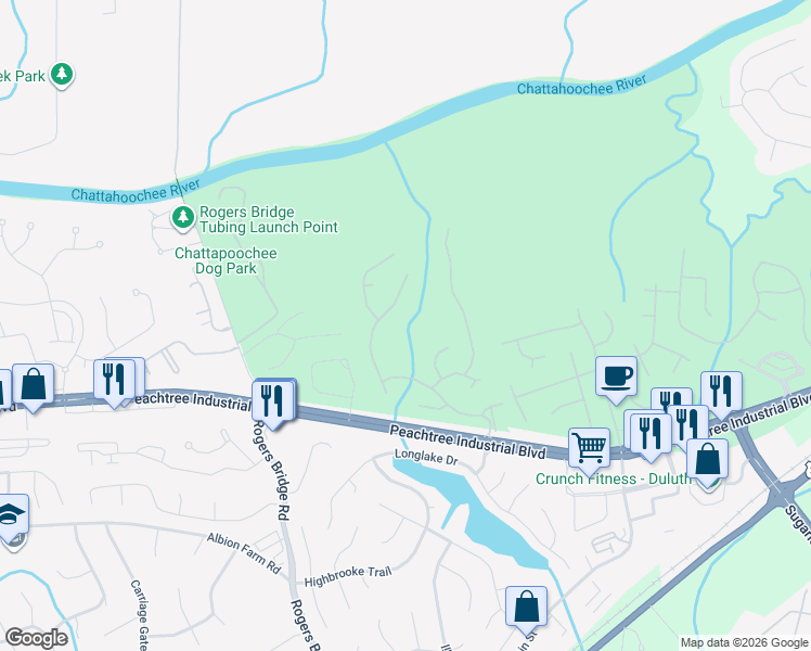 map of restaurants, bars, coffee shops, grocery stores, and more near 3989 Bennigan Lane in Duluth