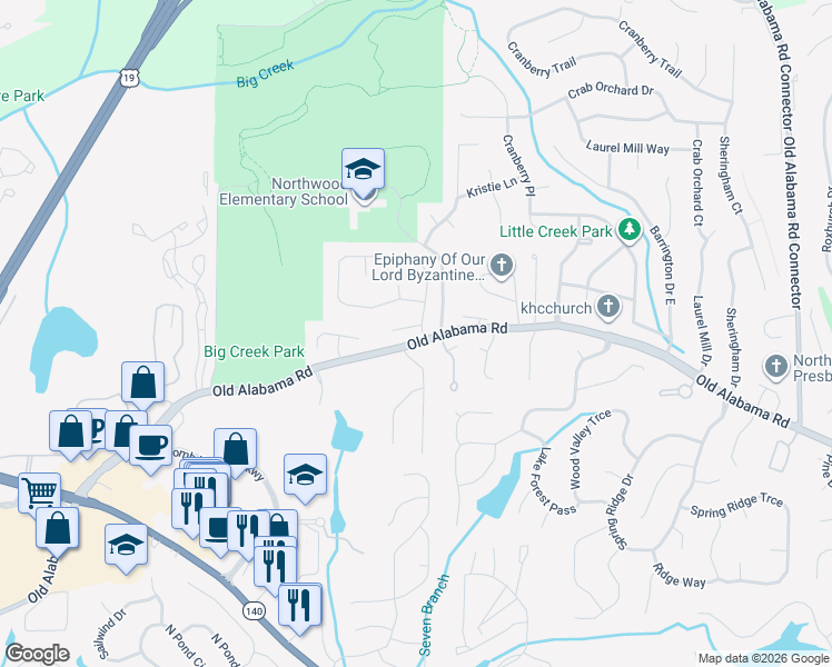 map of restaurants, bars, coffee shops, grocery stores, and more near 525 Tyson Lane in Roswell