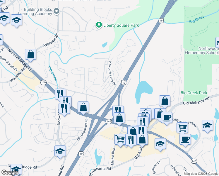 map of restaurants, bars, coffee shops, grocery stores, and more near 116 Old Ferry Way in Roswell