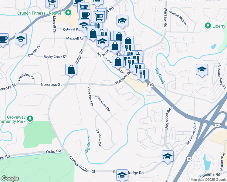 map of restaurants, bars, coffee shops, grocery stores, and more near 5035 Pattingham Drive in Roswell