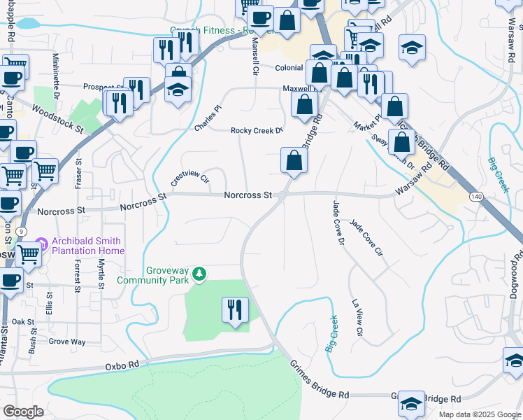 map of restaurants, bars, coffee shops, grocery stores, and more near 1000 Grimes Bridge Road in Roswell