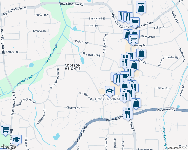 map of restaurants, bars, coffee shops, grocery stores, and more near 3171 Vickery Drive Northeast in Marietta
