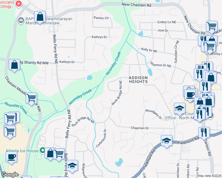 map of restaurants, bars, coffee shops, grocery stores, and more near 329 Rockmoor Trail Northeast in Marietta