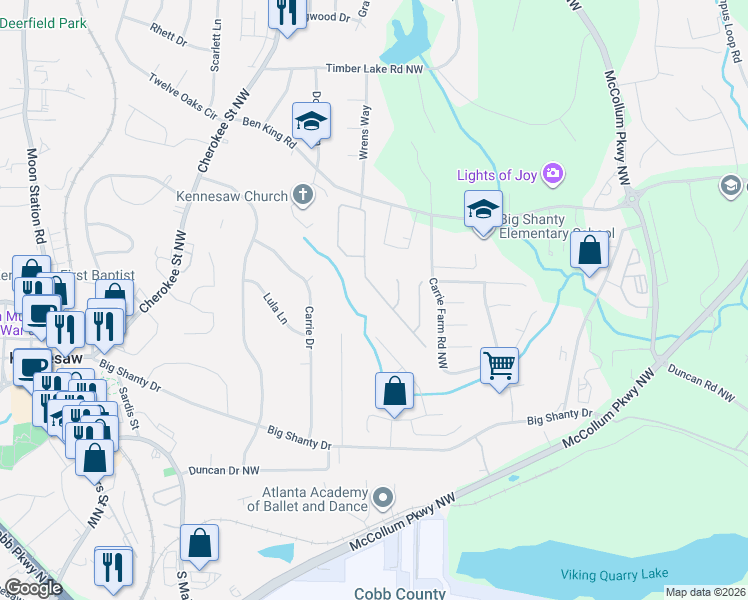 map of restaurants, bars, coffee shops, grocery stores, and more near 1055 Towne Manor Court Northwest in Kennesaw